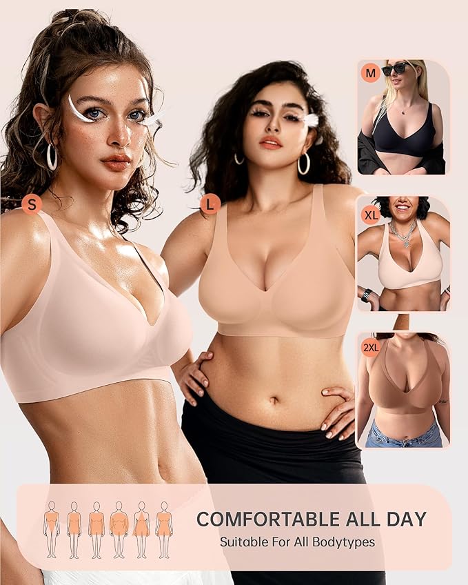 OEAK Womens Deep V Bras Wireless Comfortable Bra Supportive No Underwire Bras Tshirt Push Up Bralettes Plunge Seamless Bra