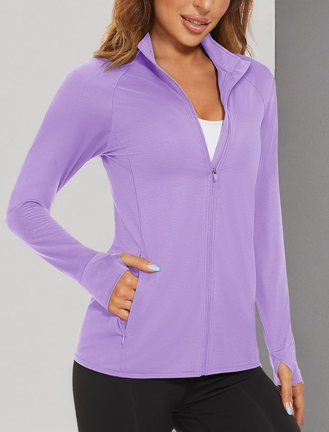 MAGCOMSEN Women's UPF 50+ Lightweight Athletic Jacket Sun Protection Full Zip Long Sleeve Shirts Hiking Outdoor Pockets