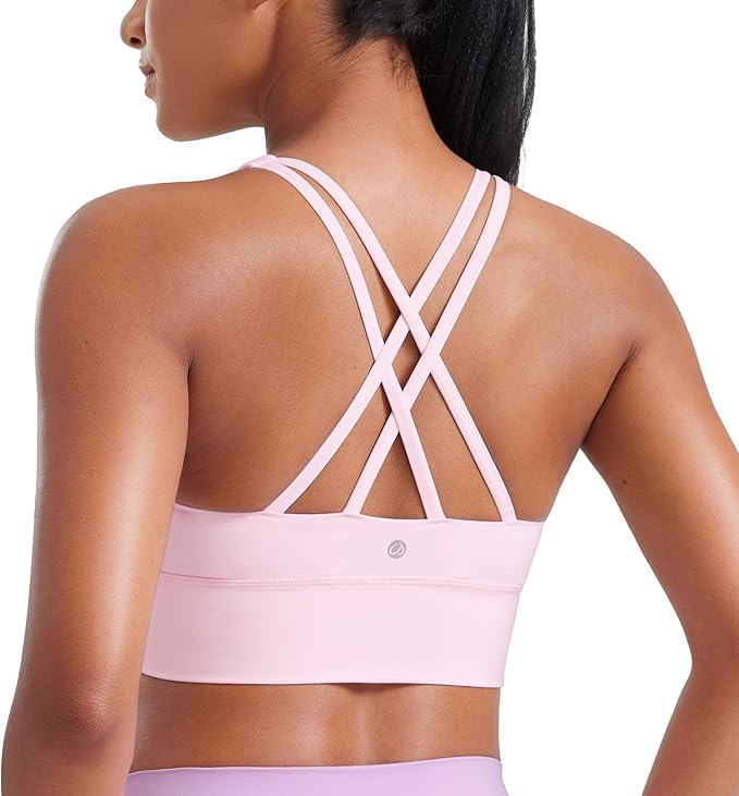 CRZ YOGA Naked Feeling Strappy Longline Sports Bras for Women - Medium Impact Criss Cross Yoga Padded Workout Crop Top