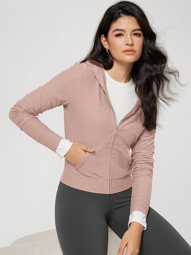 ODODOS Women's Full-Zip Cropped Hoodie - odSTRATUM Tech Ultra Soft UPF 50+ Hooded Jacket with Pockets