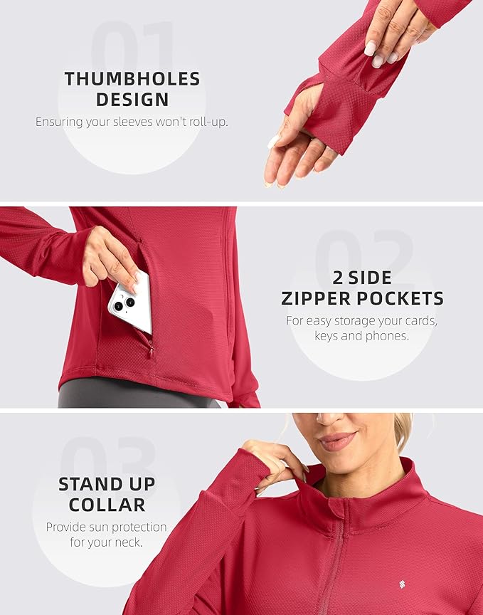 Soothfeel Women's UPF 50+ Lightweight Athletic Jackets Sun Protection Zip Up Long Sleeve Shirts Hiking Workout Outdoor Pocket