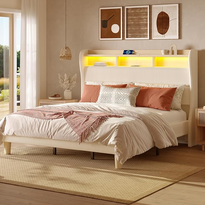 Bestier King Size Upholstered Wingback Bed Frame with 51” High Headboard Corduroy Fabric RGB LED Lights, Charging Station Dual Storage Shelves Modern Off White Platform Bed No Box Spring Needed | King Bed Frame