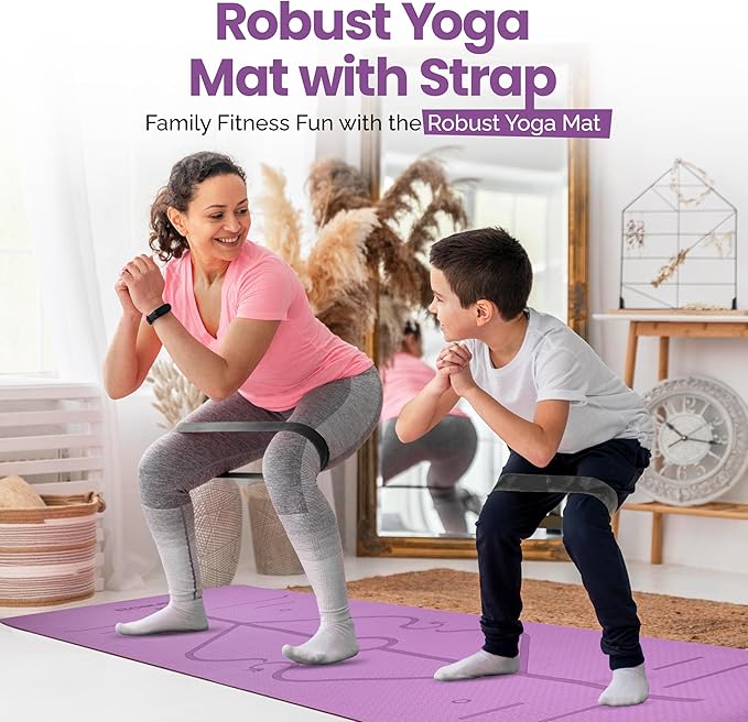 Robust Extra Thick Yoga Mat 1/4 & 1/3 & 2/5 Inch - Non Slip Exercise Mat with Alignment Lines, Carrying Strap, TPE Eco-Friendly Material for Knee Support, Sweat-Proof 72" x 24" for Women & Men