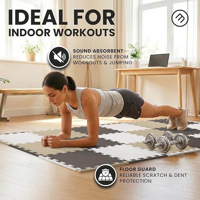 bemaxx Gym Mats Set - 18 pcs EVA Interlocking Foam Floor Tiles (12.6"x12.6"x0.4") 18sqft Protective Gym Flooring Sports Home Workout Exercise Mats Puzzle Garage Fitness Play-Room Pool Treadmill Bike
