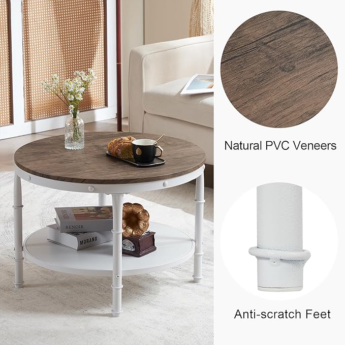 VINGLI 25.6" Dark Walnut White Round Farmhouse Coffee Table, 2-Tier Storage Wood Center Circle Accent Table for Living Room, Bedroom, Apartment, Studio and Small Spaces, Sturdy Metal Frame
