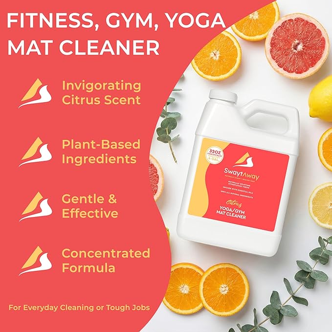 SwaytAway Fitness Mat Cleaner Concentrate – 32oz/Make 4 Gal - No-Slip No-Residue Citrus Essential Oil Formula – USA Made Aromatherapy Yoga Mat Spray for Home & Studio – Natural Cleaning Solution