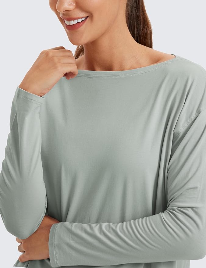 CRZ YOGA Pima Cotton Boat Neck Long Sleeve Shirts for Women - Workout Athletic Yoga Casual Tops Loose Fit Fall T-Shirts