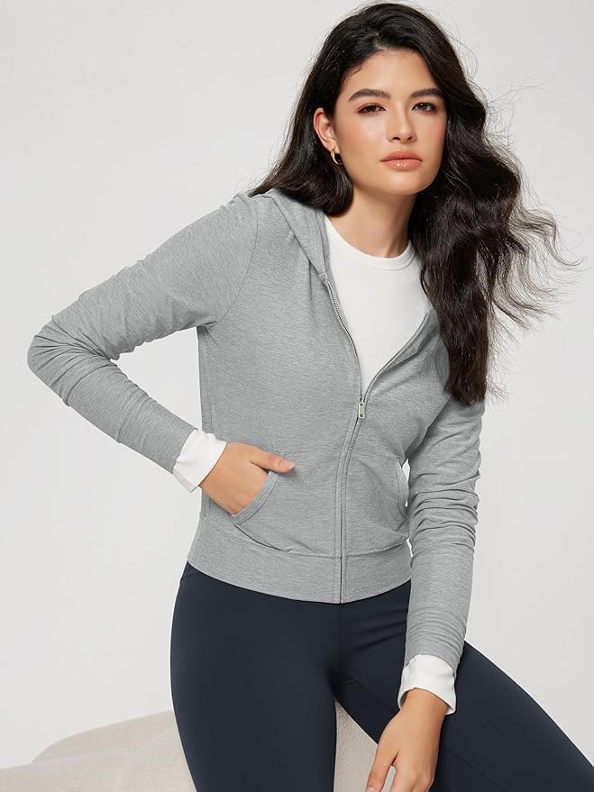 ODODOS Women's Full-Zip Cropped Hoodie - odSTRATUM Tech Ultra Soft UPF 50+ Hooded Jacket with Pockets