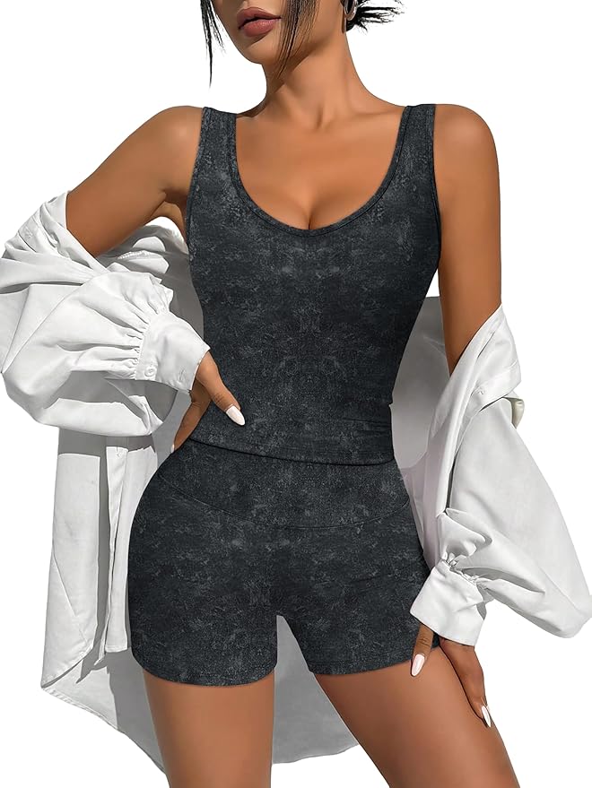 Alaroo Workout Sets for Women 2 Piece U Neck Crop Tank Top High Waisted Shorts Athletic Gym Yoga Outfits Activewear