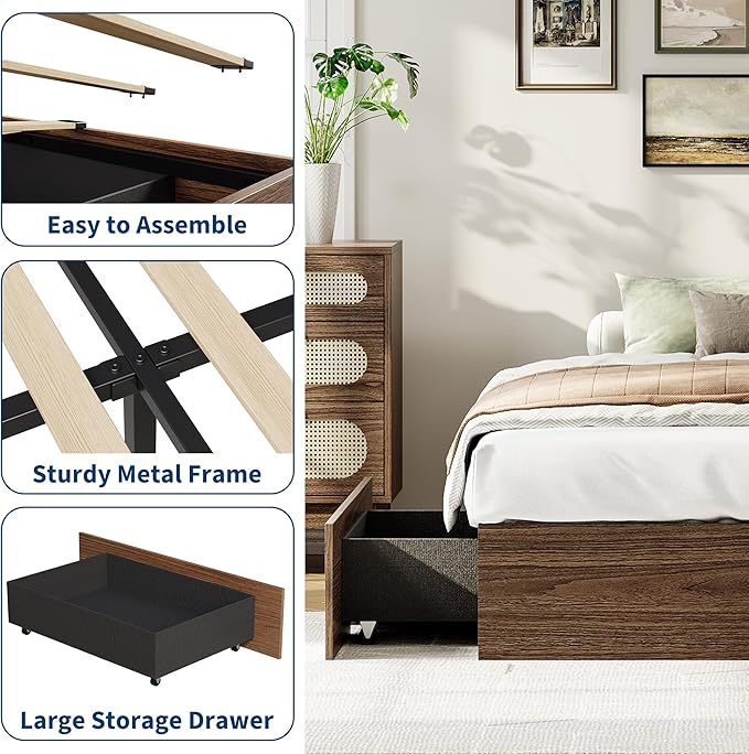 GarveeHome Twin Size Wood Platform Bed Frame with 2 Storage Drawers, Wooden Bed Frame Without Headboard, Wood Slat Support, No Box Spring Needed, Easy Assembly