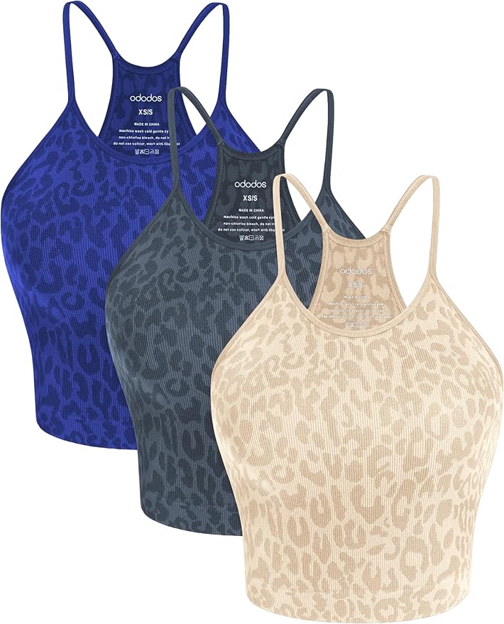 ODODOS Women's Crop 3-Pack Seamless Rib-Knit Camisole Crop Tank Tops