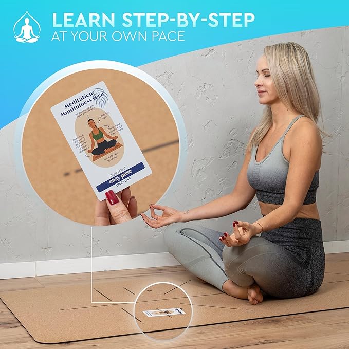 Natural Cork Yoga Mat with Alignment Lines and 55 Instructional Cards in 7 Themes for Beginner - Non-Slip Eco Friendly - 183x66x5mm for Home Workouts, Balance & Precision