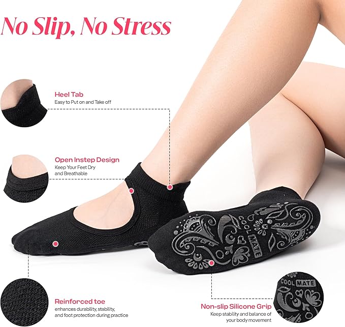 CoolMate Pilates Socks with Grips for Women, Yoga Socks, Crew Non Slip Women for Barre, Pilates Gifts for Women