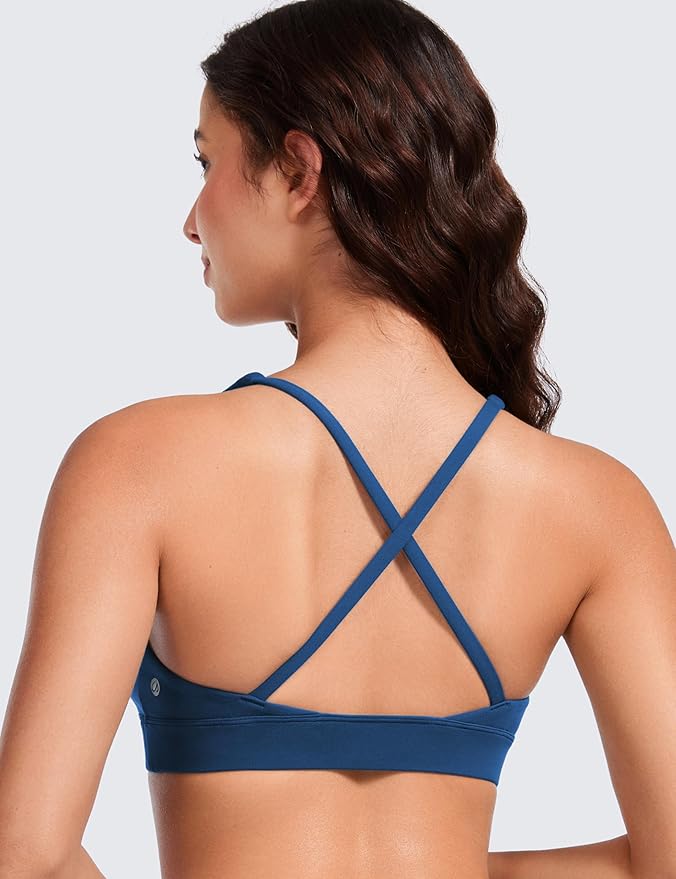 CRZ YOGA Butterluxe Deep V-Neck Sports Bras for Women - Spaghetti Strap Criss Cross Padded Top Low Coverage Wireless Yoga