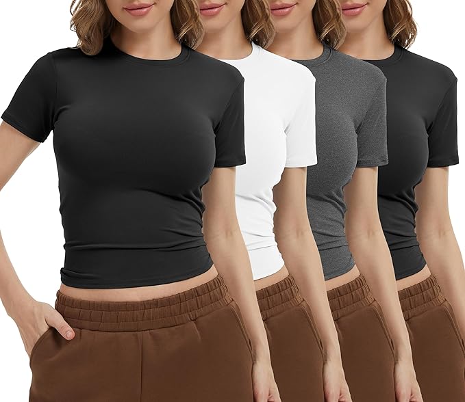 Dalavch 4 Pack Women's Workout Shirts Compression Short Sleeve Crew Neck Running Yoga Gym Athletic Fitted Crop T-Shirts Top