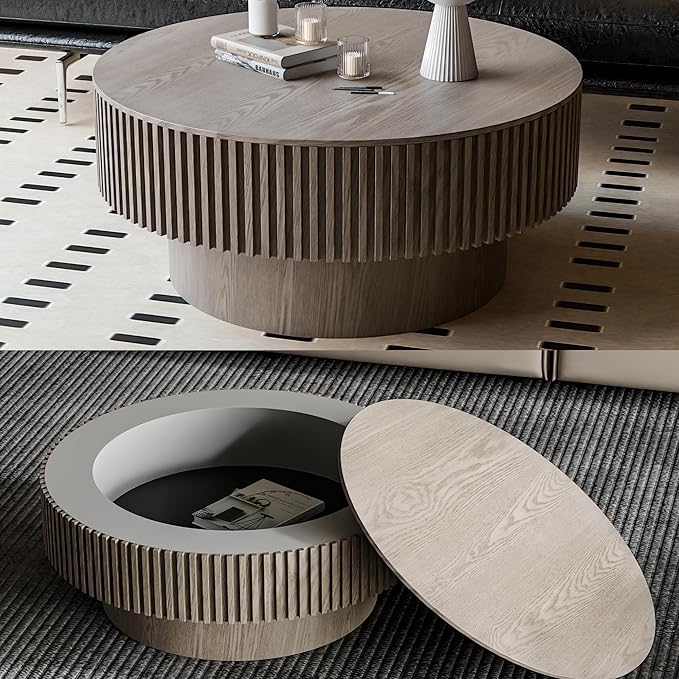 31.5'' Round Coffee Table with Storage, Modern Luxury Circle Drum Center Tables with Solid Wood Veneered, Accent Side Coffee Table for Living Room, Bedroom, Apartment-Grey