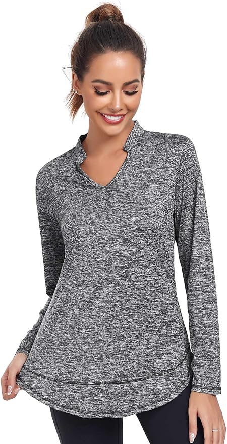 Absttith Women's Long Sleeve Workout Shirts Running Yoga Tops Athletic V Neck Sport Tee Side Split