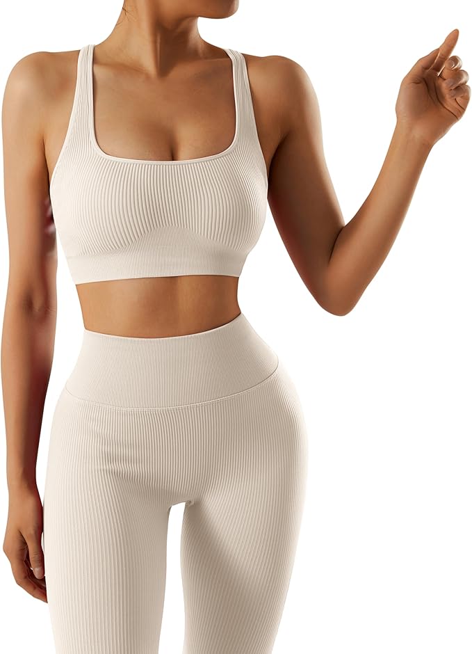RXRXCOCO Ribbed Workout Sets for Women 2 Piece Backless Strappy Sports Bra Seamless Leggings Matching Set Yoga Outfits