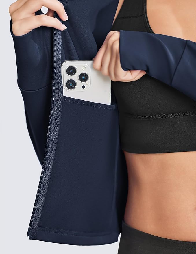 PINSPARK Women Cropped Workout Jackets Full Zip Slim Fit Athletic Jackets Thumb Holes Running Jacket with Zipper Pockets
