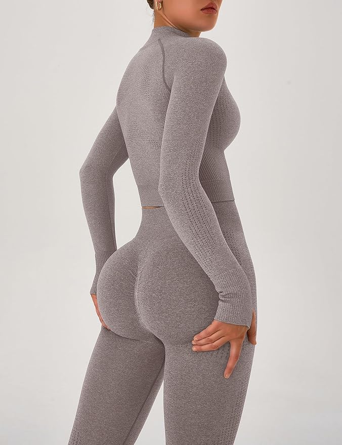 OLCHEE Womens Workout Sets 2 Piece Seamless Yoga Outfits Long Sleeve Zipper Jacket High Waist Leggings Butt Lifting Gym Set