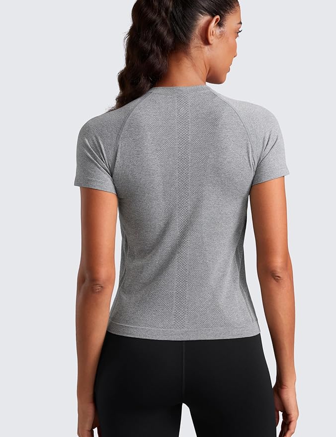 CRZ YOGA Seamless Workout Tops for Women Waist Length - Running Gym Athletic Yoga Short Sleeve Shirts Breathable Crewneck