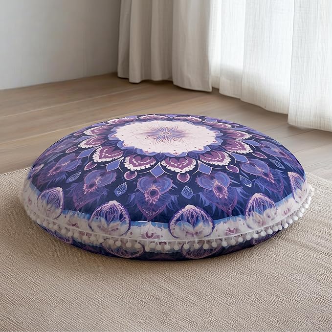 Meditation Cushion 32 Inch Round, Extra Thick Memory Foam Floor Pillow with Removable Washable Cover, Bohemian Mandala Yoga Cushion for Adults - Ideal Gift & Holiday Decor, Purple