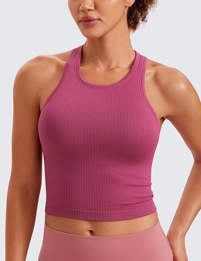 CRZ YOGA Seamless Ribbed High Neck Crop Tank Tops for Women - Longline Racerback Padded Sports Bras