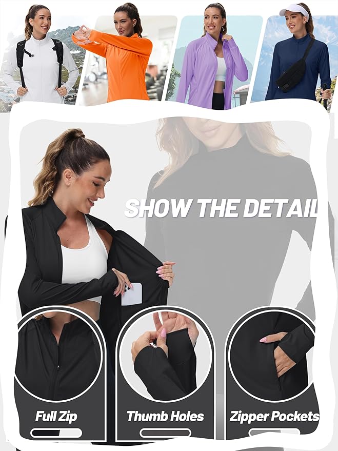 TACVASEN Women's Athletic Jackets Lightweight UV Protection Shirts Full Zip Workout Jacket UPF 50+ Long Sleeve Sun Shirt