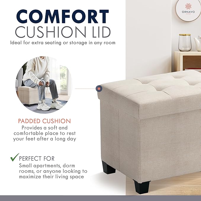 Ornavo Home Storage Ottoman Small Rectangle Ottoman with Legs, Foot Rest Stool Seat, Load up to 600 LB, for Living Room, Bedroom, Home Office, Dorm - 12 x 16 x 12, Beige