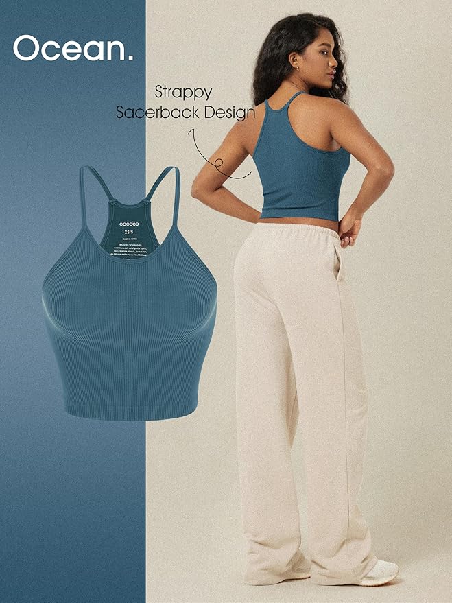 ODODOS Women's Crop 3-Pack Seamless Rib-Knit Camisole Crop Tank Tops