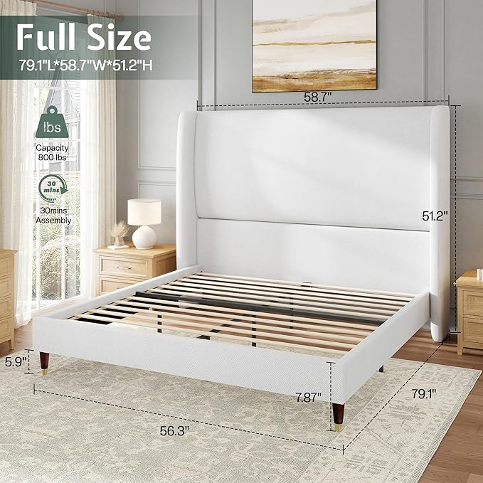 Jocisland Full Size Bed Frame 51.2" Wingback Headboard Linen Upholstered Platform Bed with Solid Wood Legs & Wooden Slats, No Box Spring Needed, Modern Minimalist Style, Easy Assembly, White