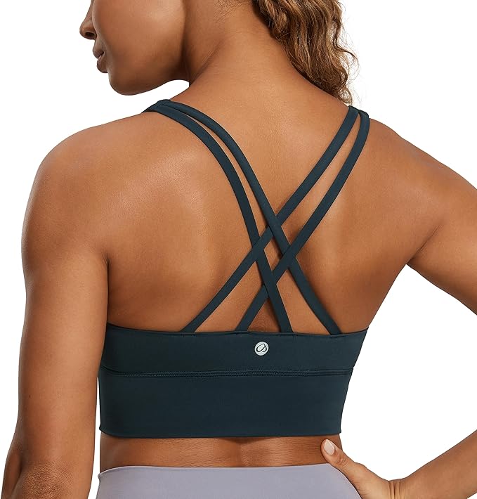 CRZ YOGA Naked Feeling Strappy Longline Sports Bras for Women - Medium Impact Criss Cross Yoga Padded Workout Crop Top