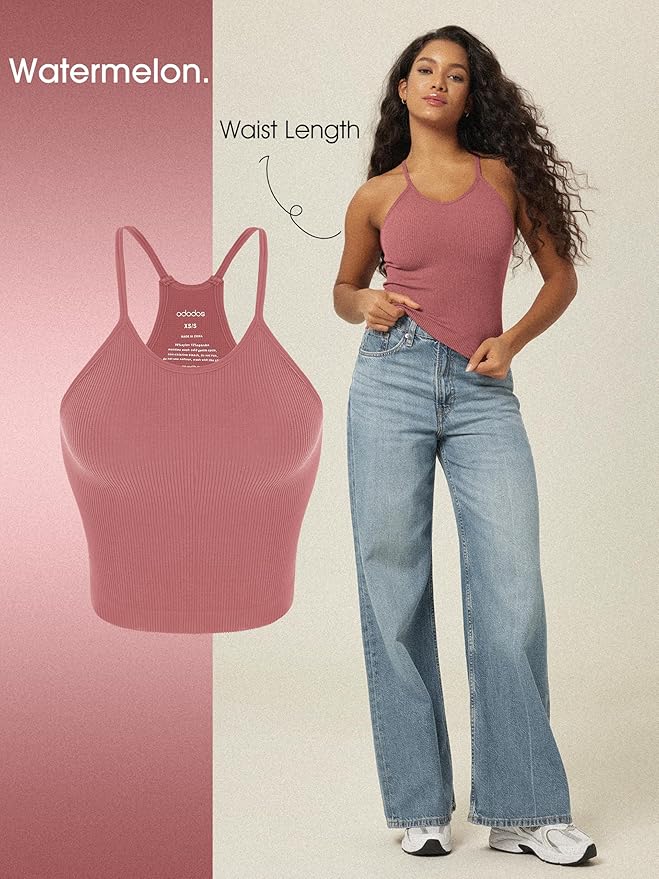 ODODOS Women's Crop 3-Pack Seamless Rib-Knit Camisole Crop Tank Tops