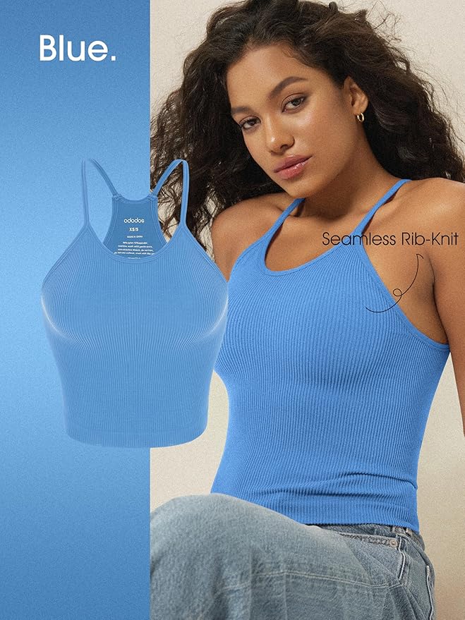ODODOS Women's Crop 3-Pack Seamless Rib-Knit Camisole Crop Tank Tops