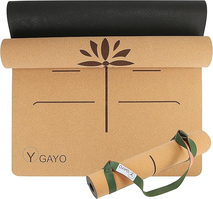 Y O Gayo Premium Yoga Cork Mat | 5mm Thick Natural Tree Rubber Base and Bigger Mat for Extra Support, Alignment lines for Guidance | Non-Slip, Sustainable, Your Ultimate Yoga Companion