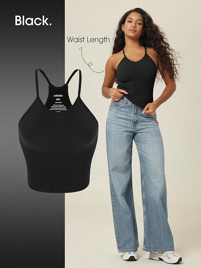 ODODOS Women's Crop 3-Pack Seamless Rib-Knit Camisole Crop Tank Tops