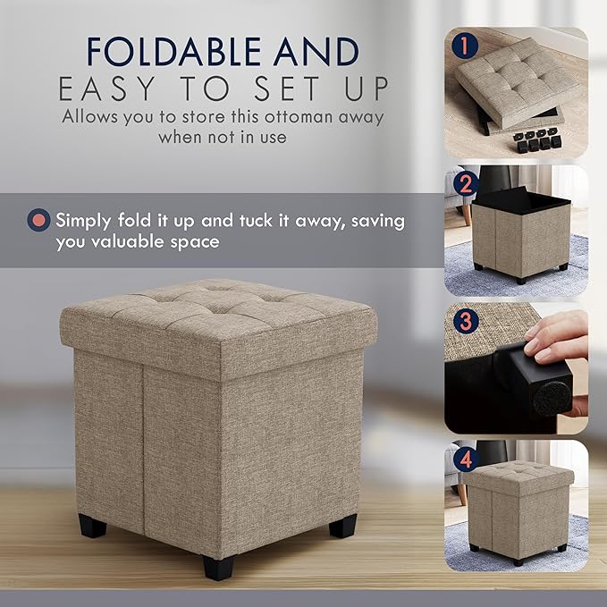 Ornavo Home Storage Ottoman with Legs, Square Cube Foot Rest Stool Seat, for Living Room, Bedroom, Home Office, Dorm - 15 x 15 x 15, Tan