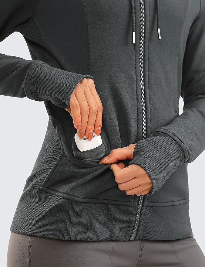 CRZ YOGA Women's Full Zip Hooded Sweatshirts Workout Sweat Jackets Slim Fit Running Track Hoodies with Thumbholes
