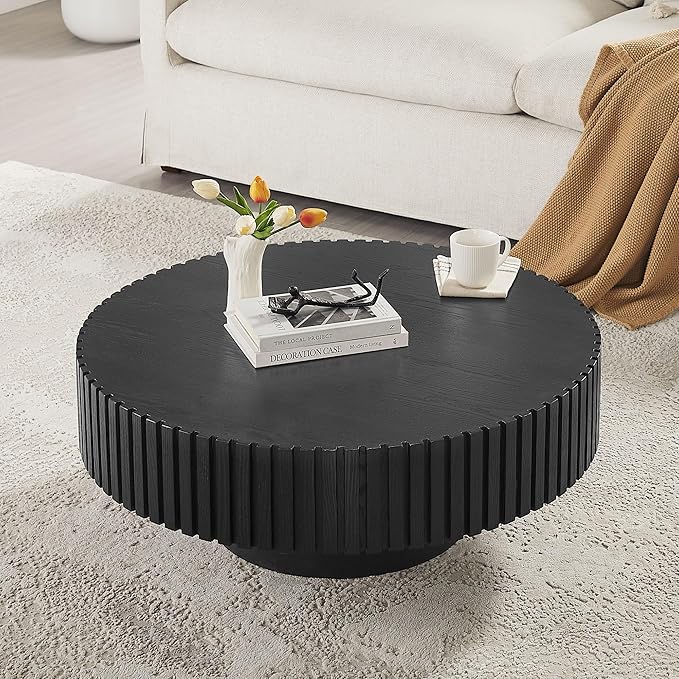 KEVINSPACE Round Coffee Table, 39" Big Wooden Fluted Coffee Table with Fluted Base, Circle Accent Center Table for Living Room Apartment Office Small Space, Easy Assembly, Black