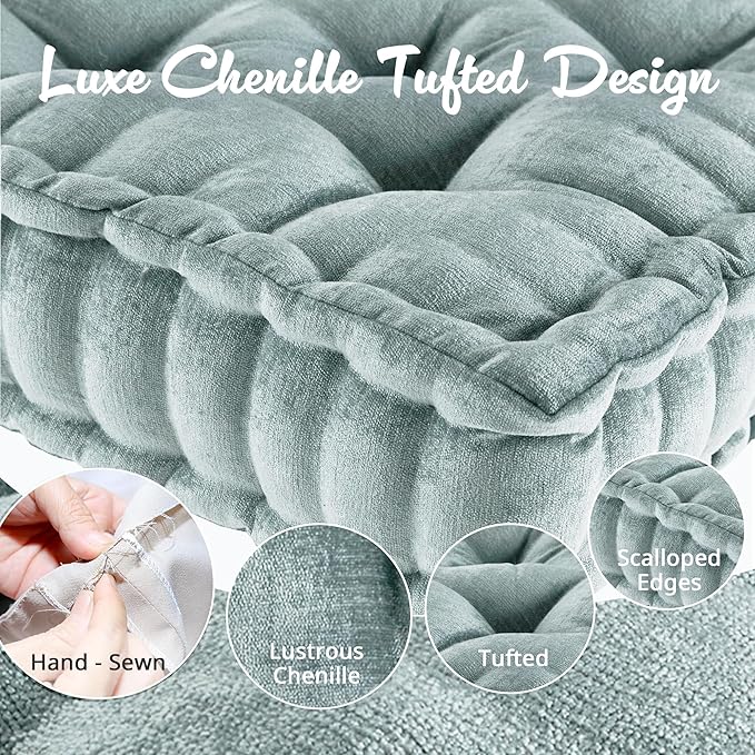 Intelligent Design Azza Floor Pillow, Large Cushions Sitting for Adults, Floor Pillow for Meditation or Yoga, Lustrous Chenille Tufted with Scalloped Edges for Bench/Chair Cushion, 20"x20"x5" Aqua