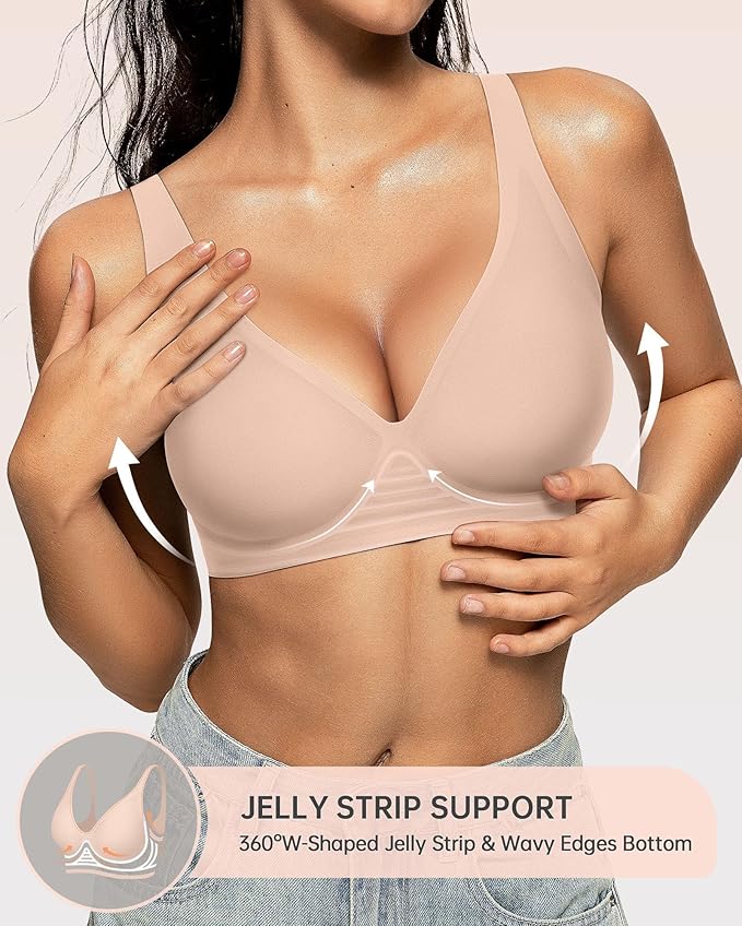 OEAK Womens Deep V Bras Wireless Comfortable Bra Supportive No Underwire Bras Tshirt Push Up Bralettes Plunge Seamless Bra
