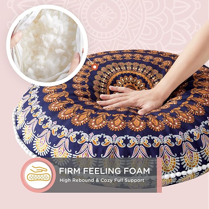 Codi Floor Pillows for Sitting Set of 2, Large Meditation Cushions for Adults with Memory Foam, Bohemian Mandala Round Seating for Outdoor Yoga and Living Room, Washable，32 Inch, Yellow