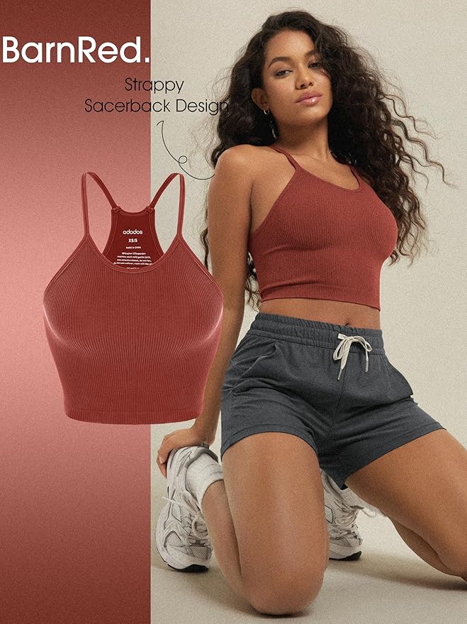 ODODOS Women's Crop 3-Pack Seamless Rib-Knit Camisole Crop Tank Tops