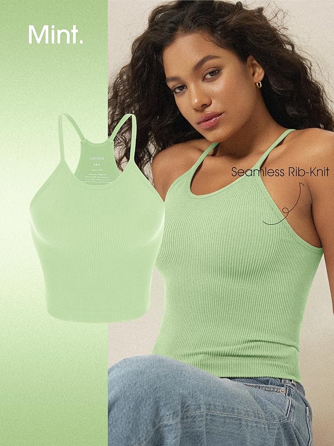 ODODOS Women's Crop 3-Pack Seamless Rib-Knit Camisole Crop Tank Tops