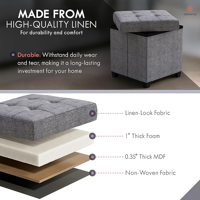 Ornavo Home Storage Ottoman with Legs, Square Cube Foot Rest Stool Seat, for Living Room, Bedroom, Home Office, Dorm - 15 x 15 x 15, Gray