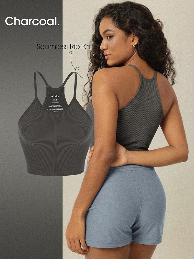 ODODOS Women's Crop 3-Pack Seamless Rib-Knit Camisole Crop Tank Tops