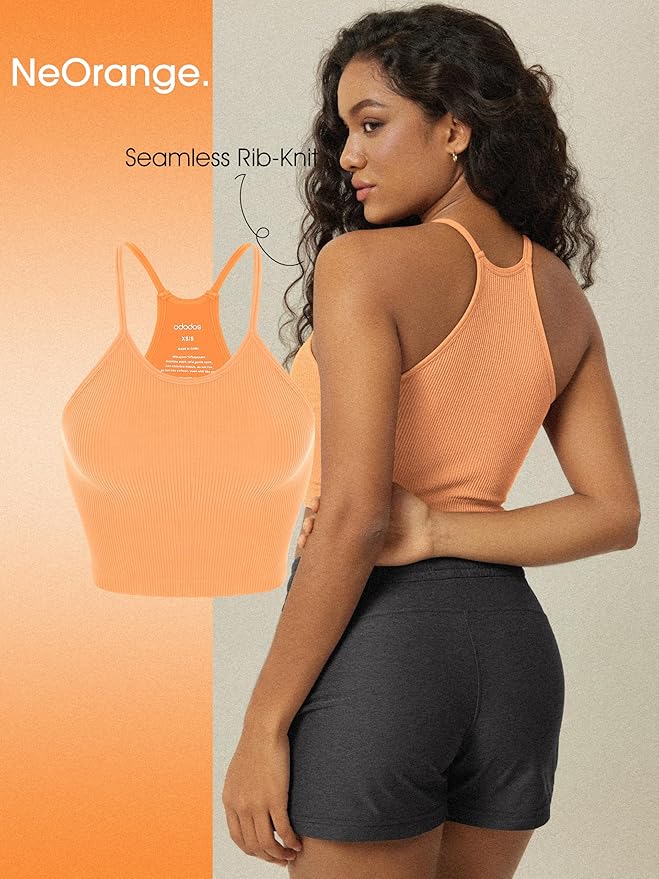 ODODOS Women's Crop 3-Pack Seamless Rib-Knit Camisole Crop Tank Tops