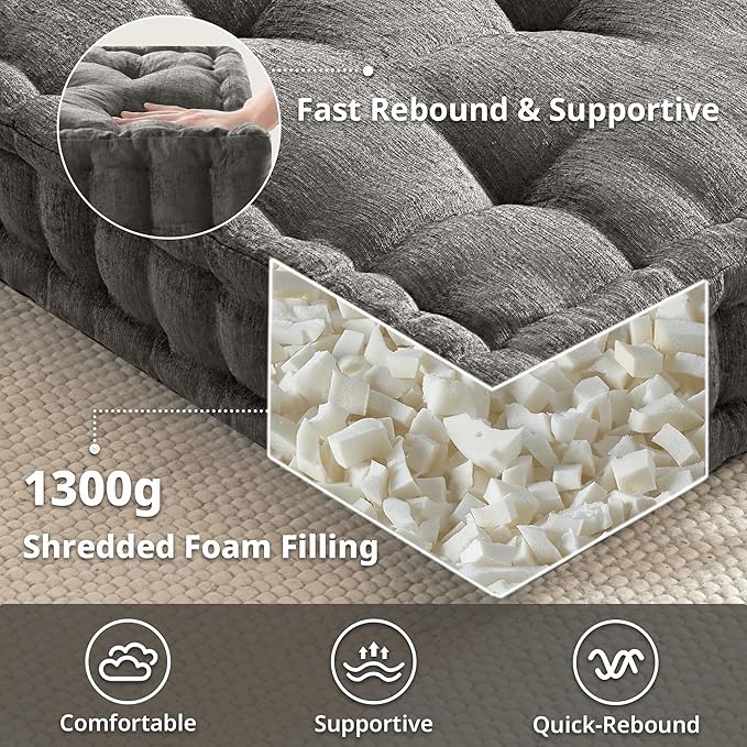 Intelligent Design Large Floor Pillow for Adults Yoga or Meditation Cushion with Handle, Floor Cushion for Board Games, Lustrous Chenille Tufted, Handsewn Scalloped Edge, Azza, 24" x 24" x 5" Charcoal
