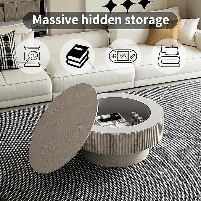 31.5'' Round Coffee Table with Storage, Modern Luxury Circle Drum Center Tables with Solid Wood Veneered, Accent Side Coffee Table for Living Room, Bedroom, Apartment-White