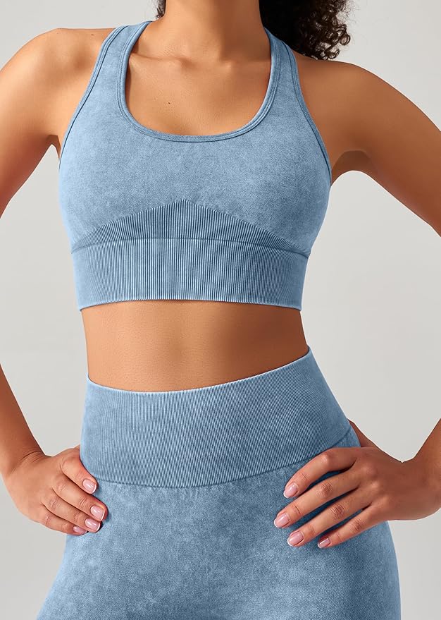 OLCHEE Womens Workout Sets 2 Piece - Acid Wash Seamless Yoga Outfits High Waist Leggings Padded Racerback Sports Bra Gym Set